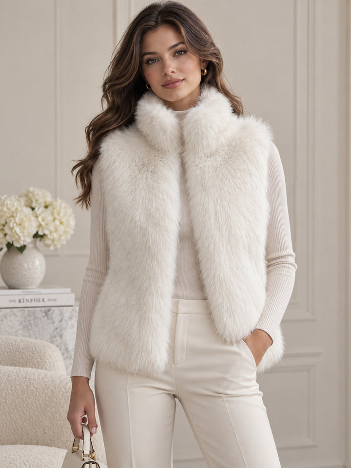 Ladies Sleeveless Teddy Faux Fur Vest with Dense High Pile and Stand-up Collar Amarae