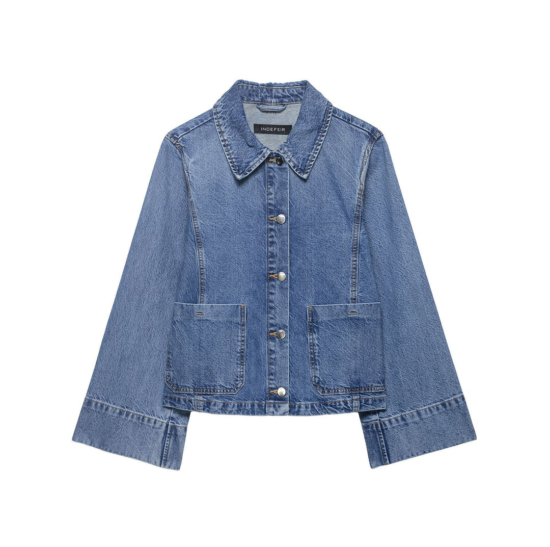 Women's Cropped Oversized Denim Jacket with Large Patch Pockets and Visible Button Placket Amarae