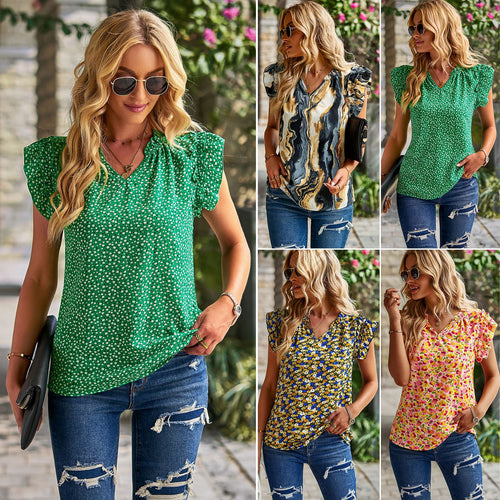 Women's blouse with ruffle details and sophisticated marbled pattern Amarae