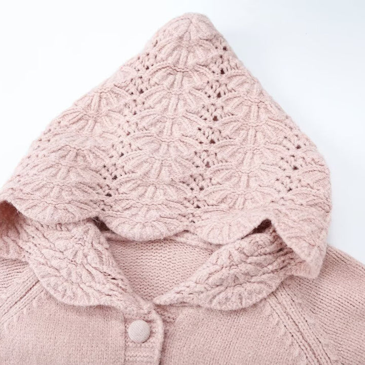 Women's fine knit cardigan with hood, button placket and crocheted trim Amarae