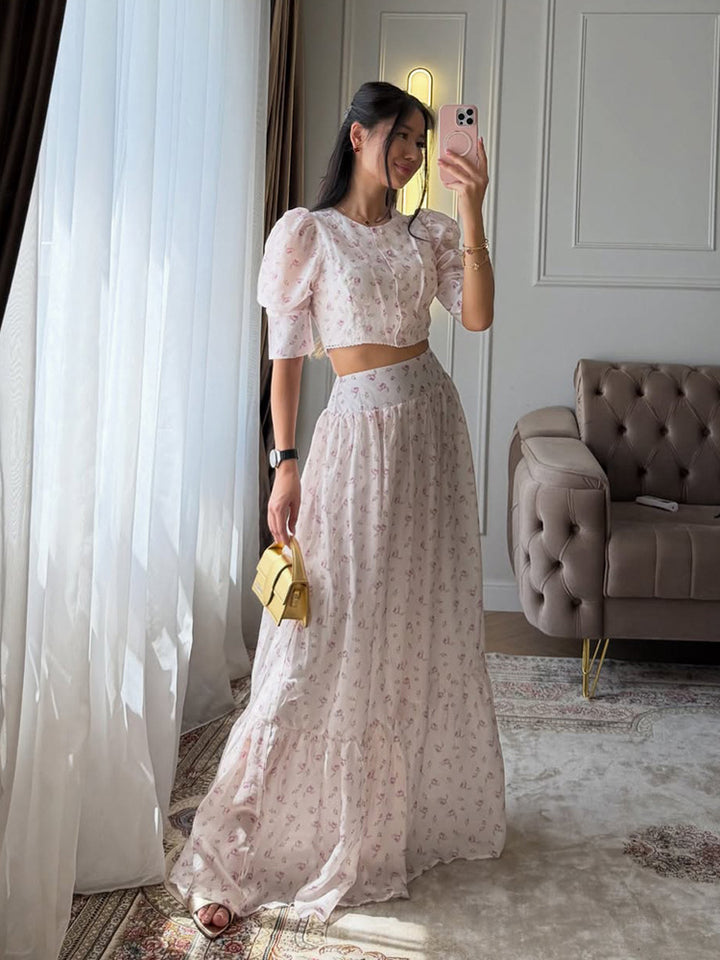 Women's Two-Piece Chiffon Set with Cropped Puff Blouse and Tiered Maxi Skirt Amarae