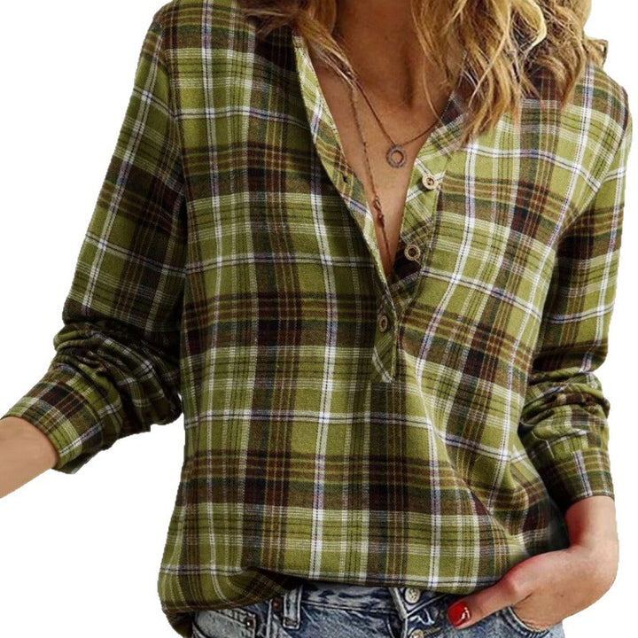 Women’s check blouse in oversized look with V-neck, button placket, and rounded hem Amarae