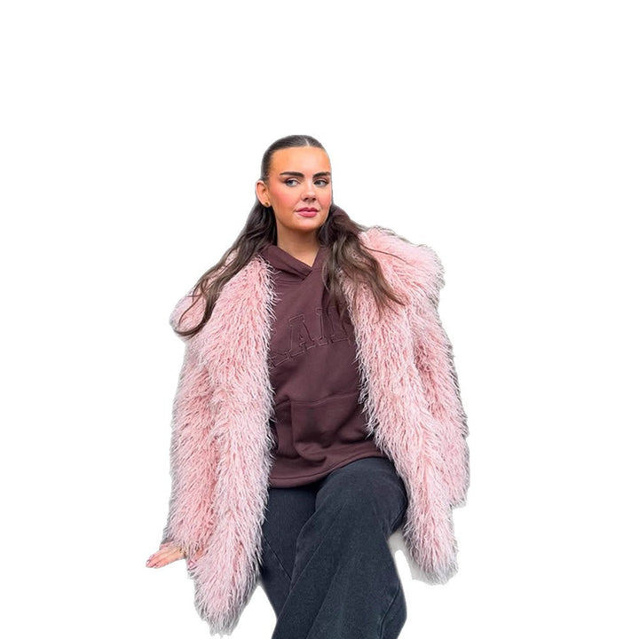 Women’s Short Cut Oversized Faux Fur Coat with Voluminous Shawl Collar and Curly Texture Amarae