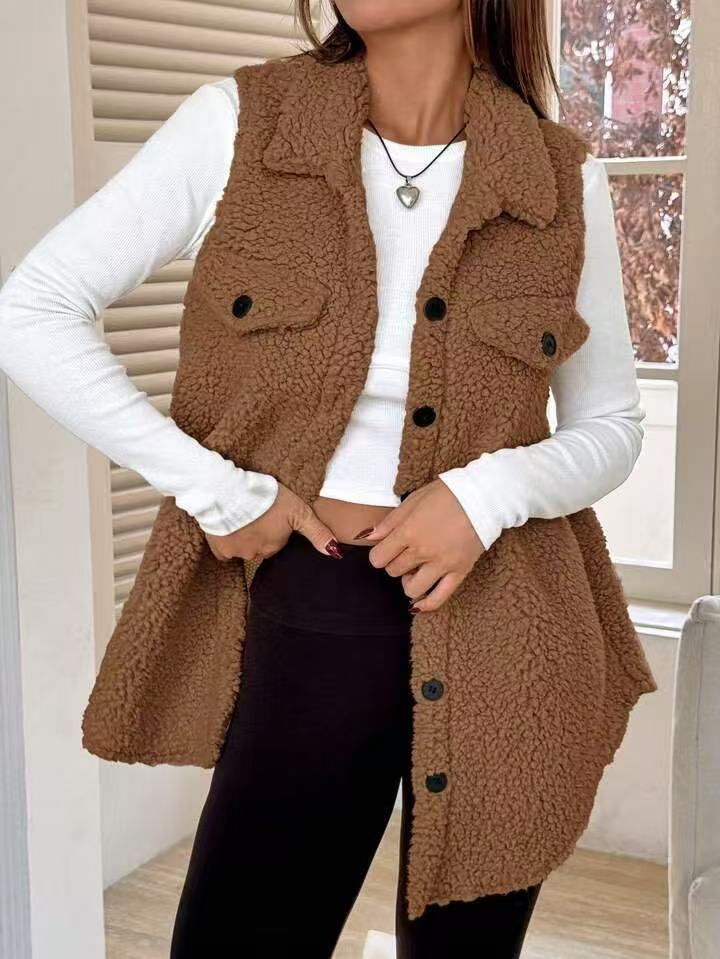 Ladies Plush Vest with Chic Pockets and Style