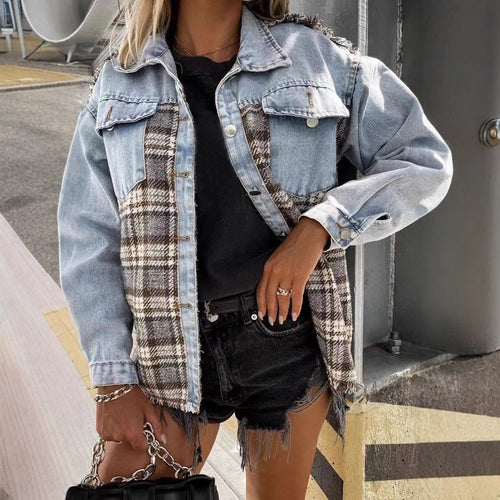 Veste en jean décontractée pour femmes avec combinaison de matériaux à carreaux et poches pratiques Chic & Stil