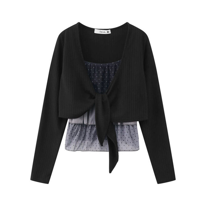 Women's Two-Piece Long Sleeve Top with Knot Front and Delicate Chiffon Under Top Amarae