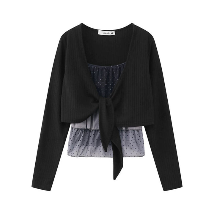 Women's Two-Piece Long Sleeve Top with Knot Front and Delicate Chiffon Under Top Amarae