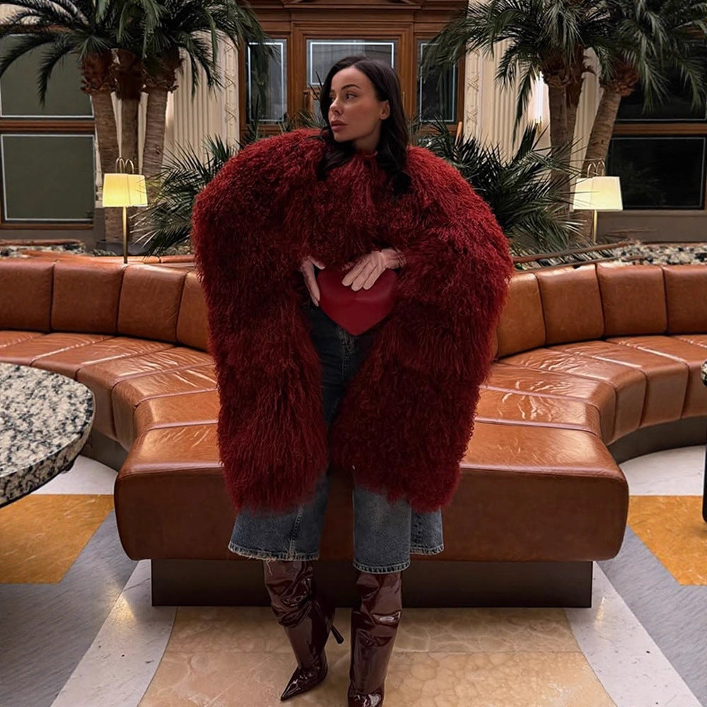 Women Extravagant Oversize Faux Fur Coat with Long Pile Curl Structure Amarae