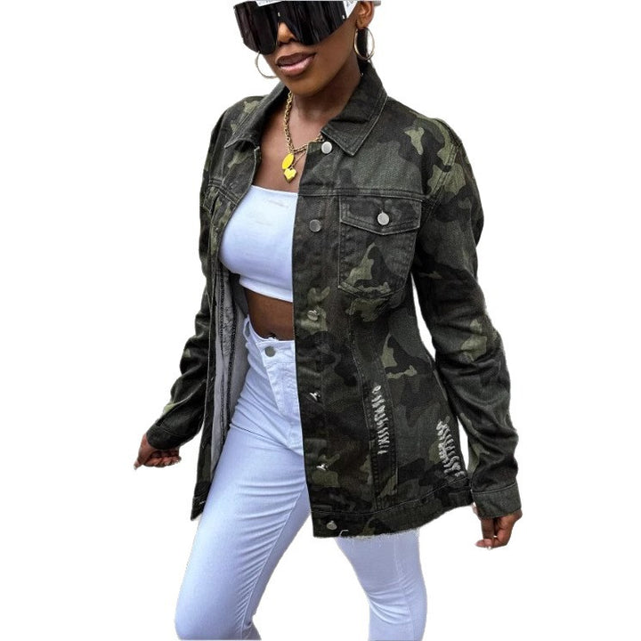 Women Oversize Camouflage Denim Jacket in Extended Cut with Frayed Hem Amarae