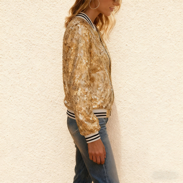 Women's Glittering Sequined Bomber Jacket with Contrasting Stripes Lune London