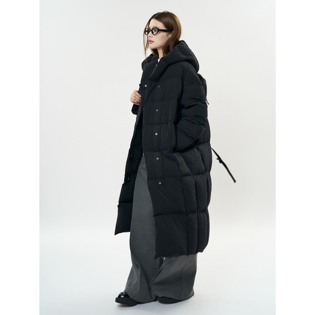Women's Long Quilted Oversized Puffer Coat with Hood and Snap Button Placket Amarae