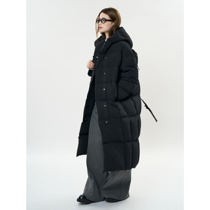 Women's Long Quilted Oversized Puffer Coat with Hood and Snap Button Placket Amarae