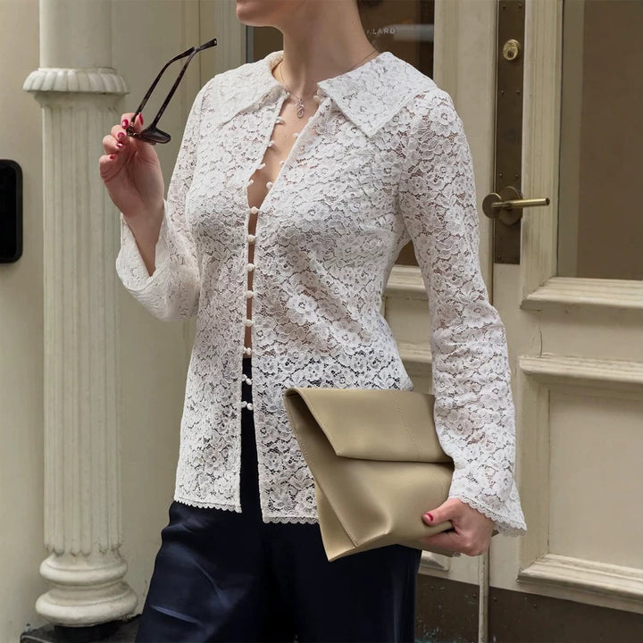 Women's lace blouse with floral lace, shirt collar and fabric ball button placket Amarae