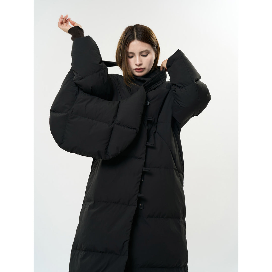 Women's Longer Quilted Down Look Coat with High Stand-Up Collar and Button Toggle Closure Amarae
