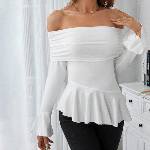 Haut Femmes Bretelles Dégagées avec Volants Stylés et Manches Longues Chic & Stil