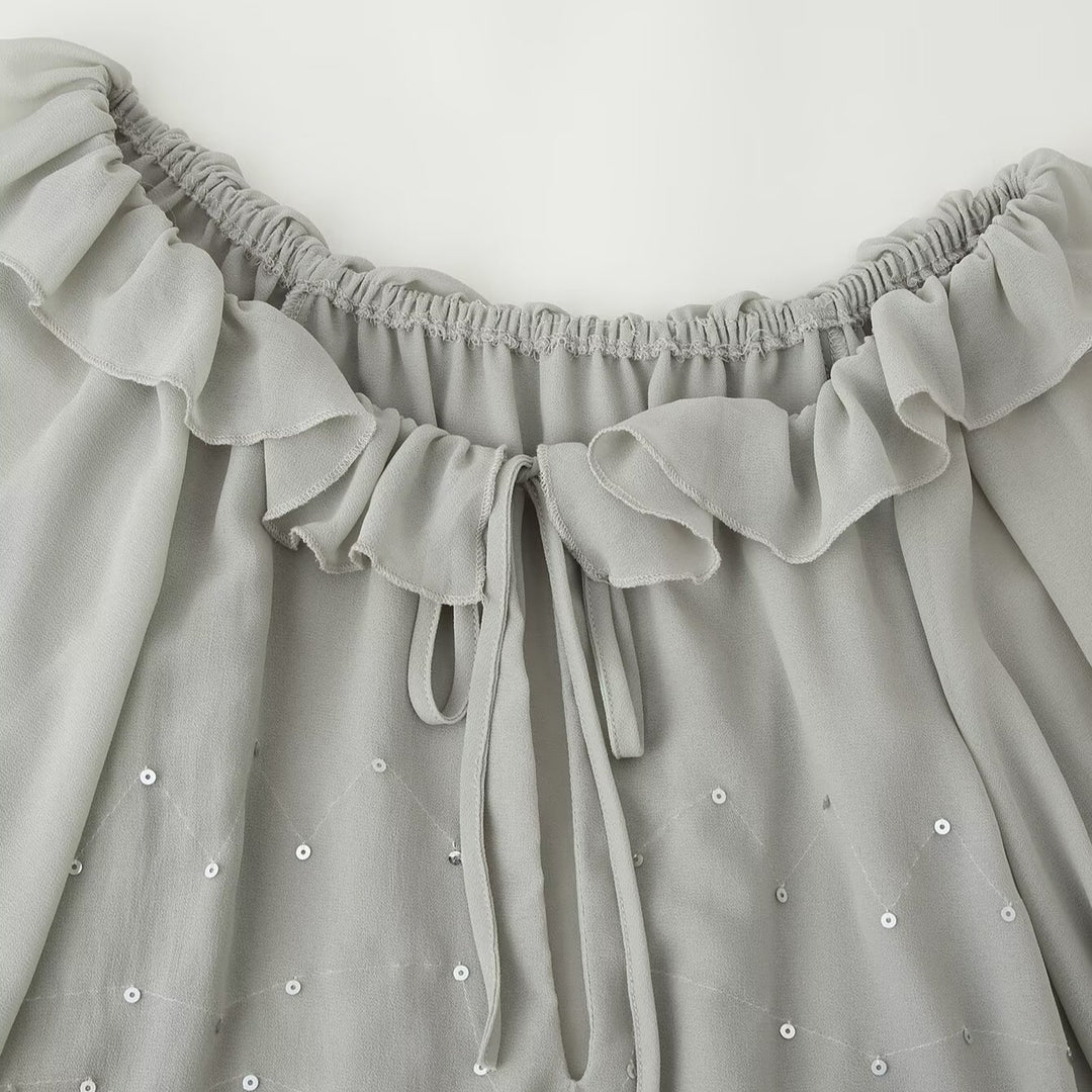Women Chiffon Mini Dress with Ruffled Collar, Balloon Sleeves and Sequin Decoration Amarae