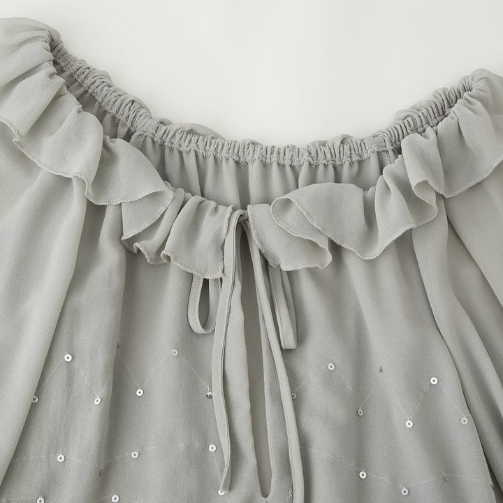 Women Chiffon Mini Dress with Ruffled Collar, Balloon Sleeves and Sequin Decoration Amarae