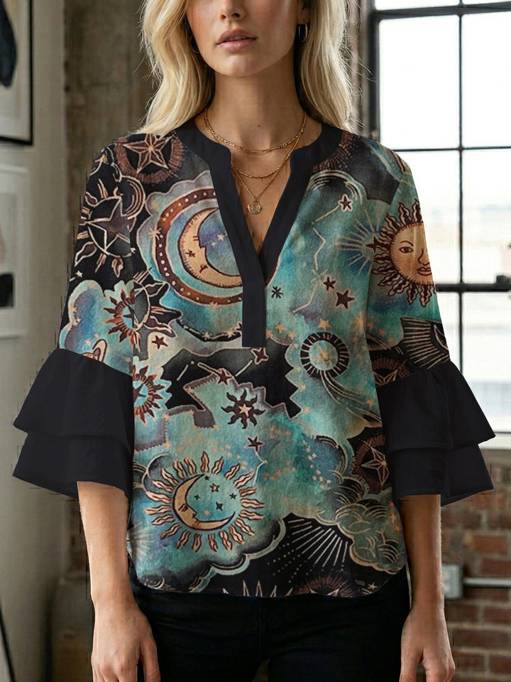 Women's casual blouse with ruffled sleeves and botanical print Lune London