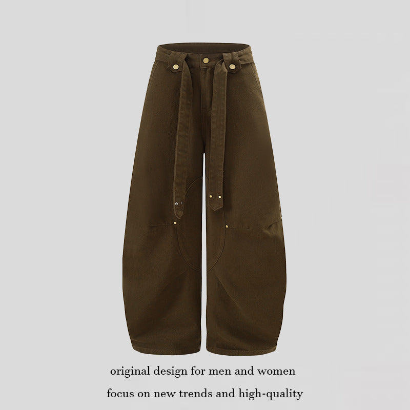 Women's Extra Wide High-Waist Palazzo Pants with Decorative Knee Patch, Tied Belt and Culotte Cut Amarae