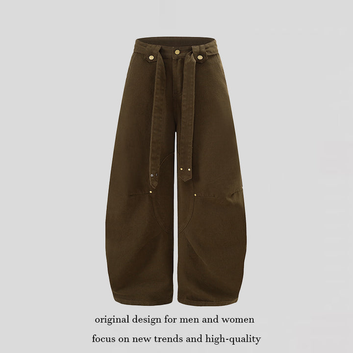 Women's Extra Wide High-Waist Palazzo Pants with Decorative Knee Patch, Tied Belt and Culotte Cut Amarae