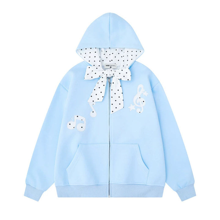 Women's hooded sweat jacket with polka dot hood lining, decorative bow, and music notes motif Amarae