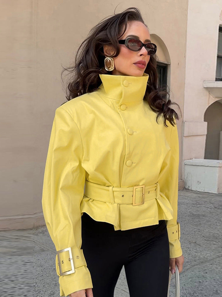 Women's short jacket with waist belt, high stand-up collar, and decorative cuffs Amarae