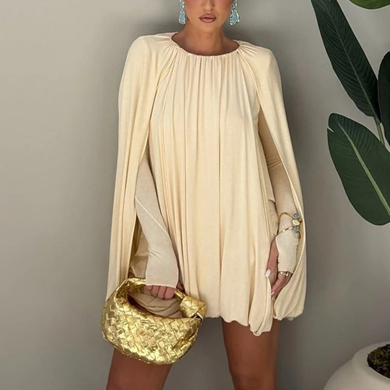 Women Pleated Cape Mini Dress with Round Neckline and Wide Cape Sleeves Amarae