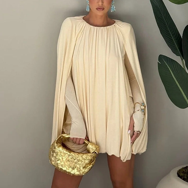 Women Pleated Cape Mini Dress with Round Neckline and Wide Cape Sleeves Amarae