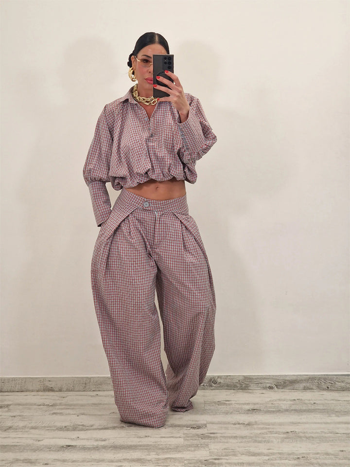 Women's Two-Piece Checked Set with Cropped Oversized Shirt and Wide Pleated Trousers Amarae