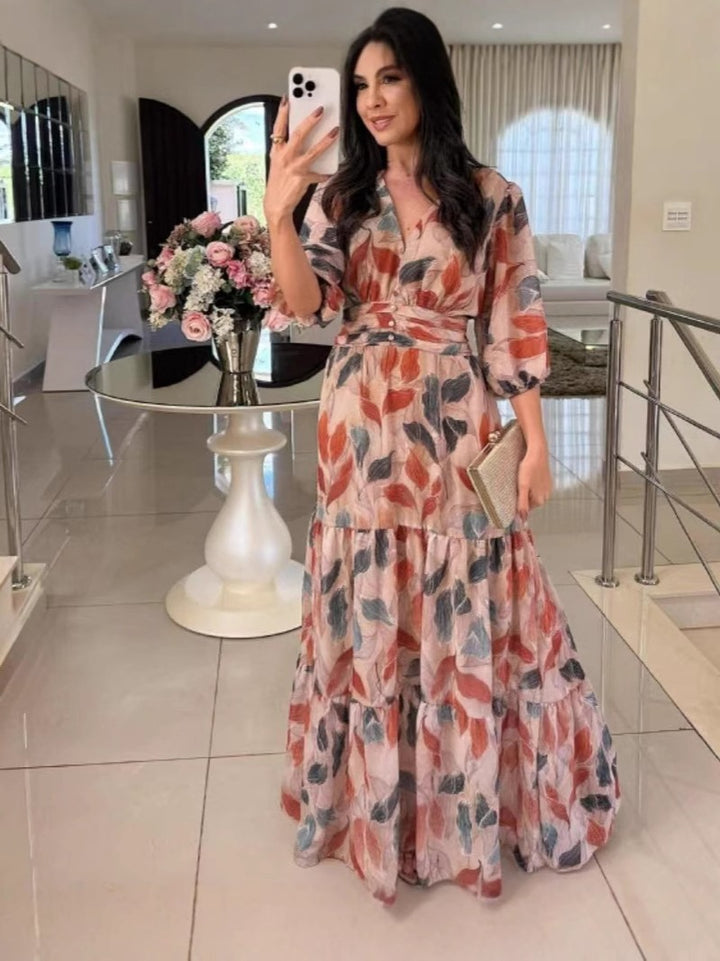 Maxi dress for women with casual V-neck, waist belt, and voluminous sleeves Lune London