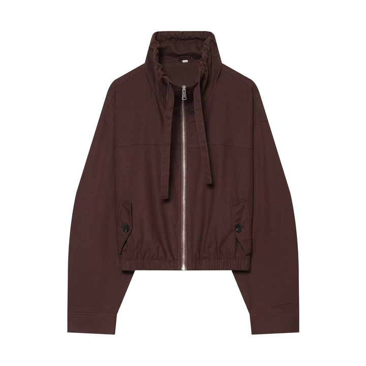 Women's short bomber-style jacket with high funnel collar, concealed zipper, and flap pockets Amarae
