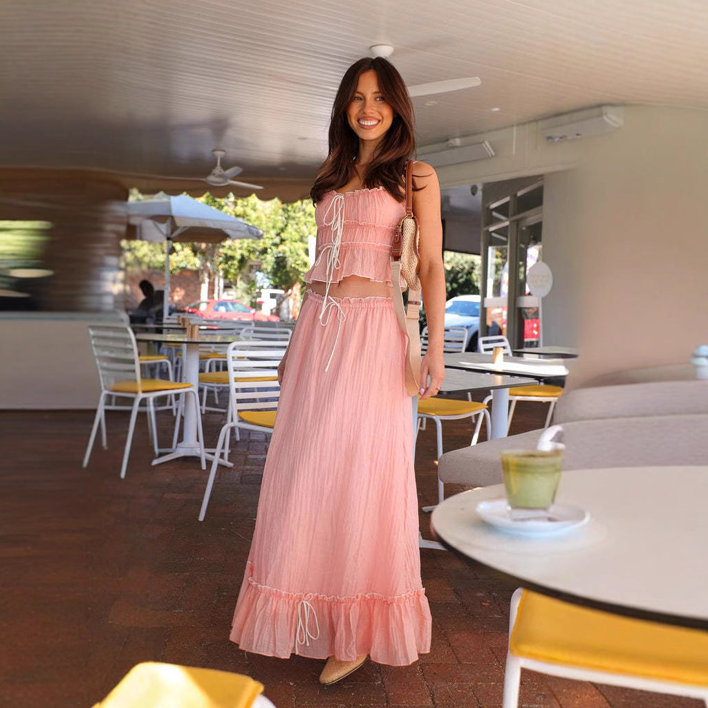 Ladies' maxi dress with playful ruffled hem and practical tie bands Lune London