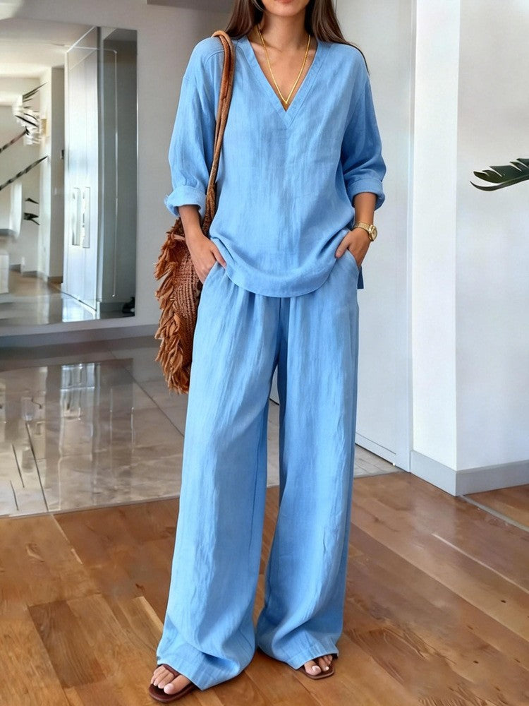 Women's Casual Linen Top and Wide Palazzo Pants Set Chic & Stil
