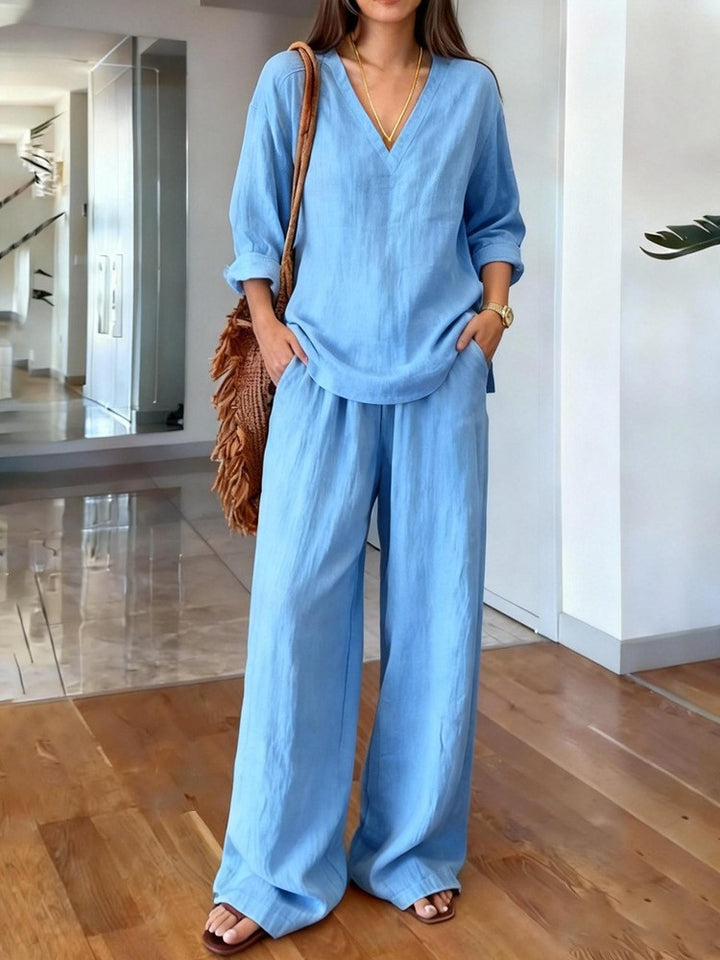 Women's Casual Linen Top and Wide Palazzo Pants Set Chic & Stil