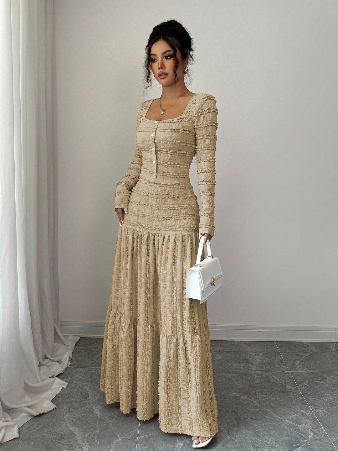 Women's Figure-Hugging Ruffle Maxi Dress with Square Neckline and Button Placket Amarae