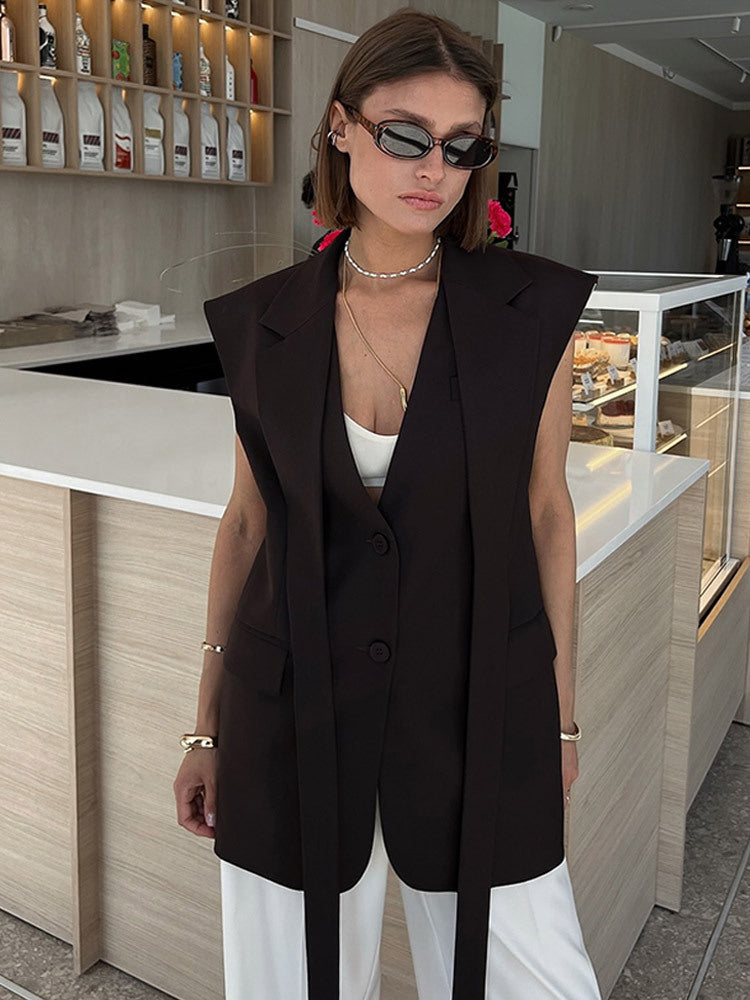 Women Sleeveless Long Blazer Vest with Structured Shoulders and Long Ties Amarae