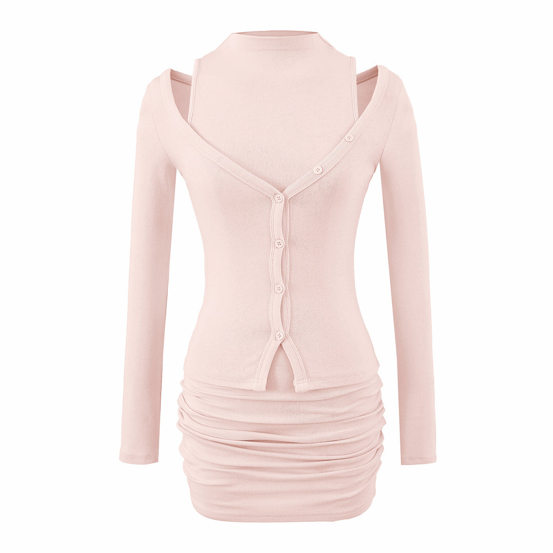 Ladies two-piece knit set with integrated high neck vest and asymmetric button cardigan Amarae