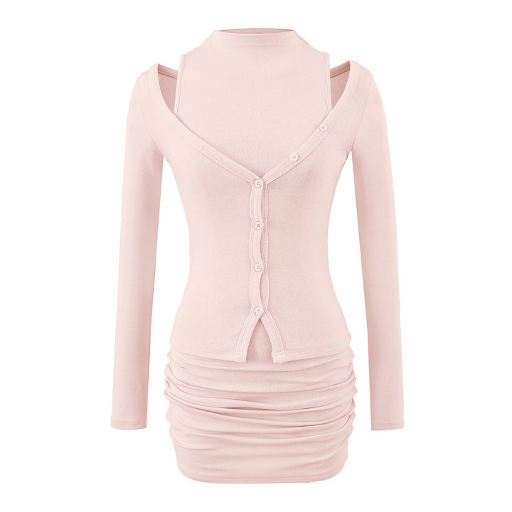 Ladies two-piece knit set with integrated high neck vest and asymmetric button cardigan Amarae