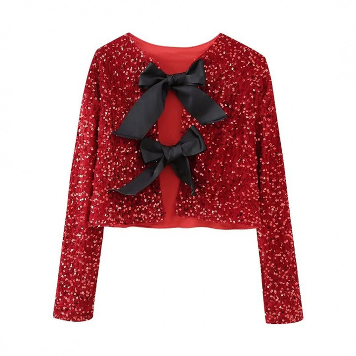 Women Sequin Cropped Jacket with Open Front Panels and Large Satin Ribbons Amarae