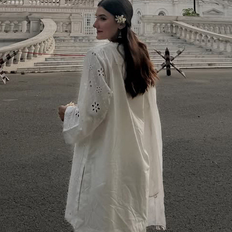 Women Loose Tunic Set with Broderie Anglaise and Wide Harem Pants Amarae