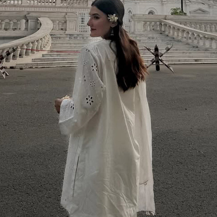 Women Loose Tunic Set with Broderie Anglaise and Wide Harem Pants Amarae