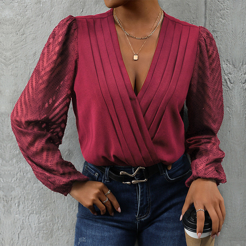 Women's Wrap Blouse with Fine Pleated Details and Transparent Sleeves Lune London