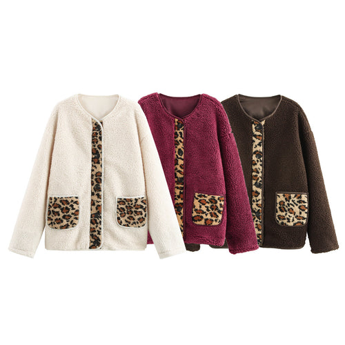 Teddy fleece jacket for women with animal pattern and practical patch pockets Amarae
