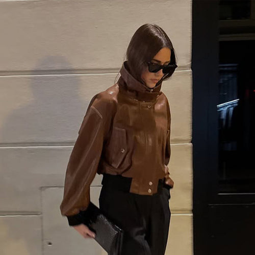 Women's short-cut leather blouse jacket with high stand-up collar and balloon sleeves Amarae