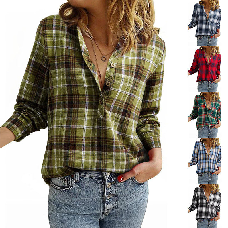 Women’s check blouse in oversized look with V-neck, button placket, and rounded hem Amarae