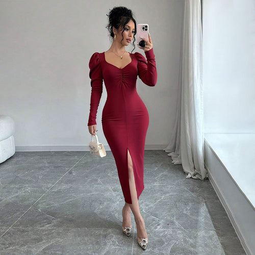Robe midi femme avec manches bouffantes et fente sophistiquée Chic & Stil