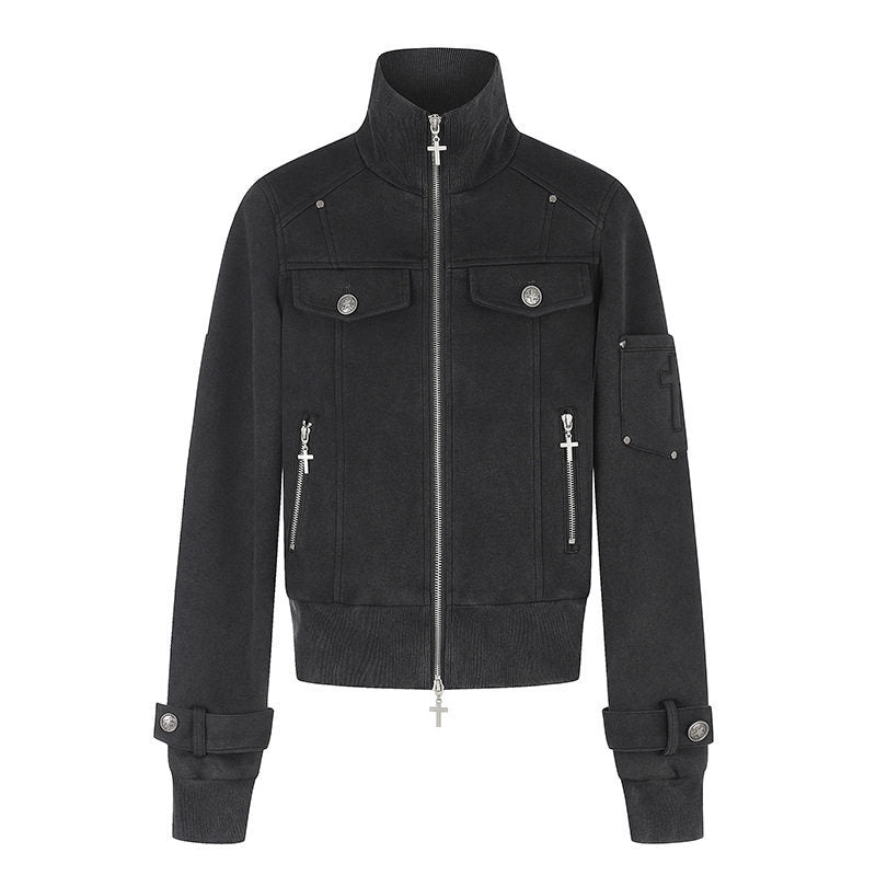 Women Tailored Zip Jacket with High Stand-Up Collar, Decorative Straps & Adjustable Closures Amarae