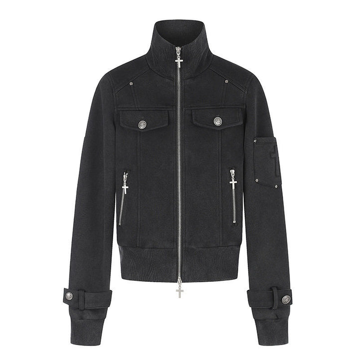 Women Tailored Zip Jacket with High Stand-Up Collar, Decorative Straps & Adjustable Closures Amarae