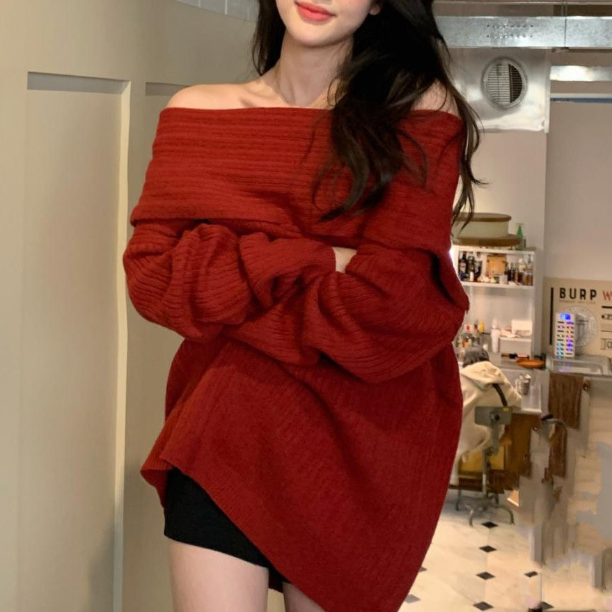 Pull surdimensionné pour femmes avec un design décontracté à épaule dénudée et une fine structure côtelée Chic & Stil