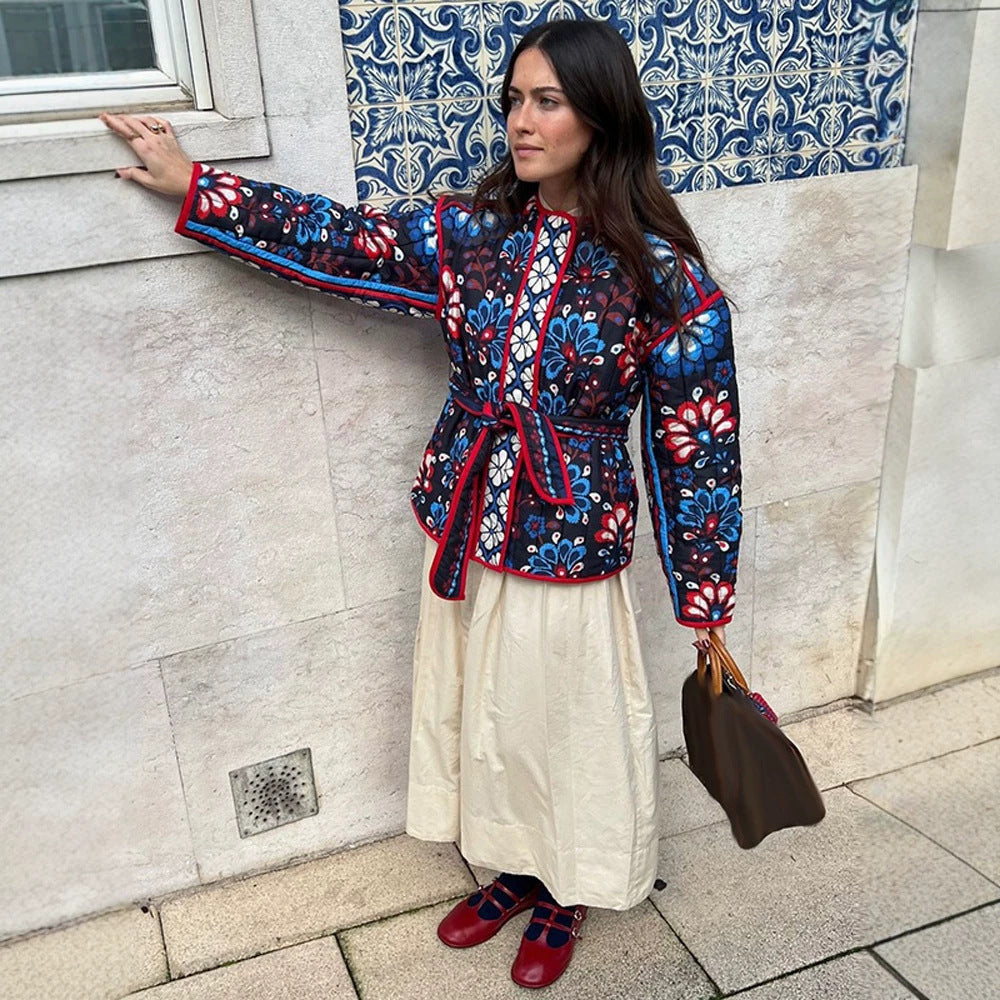 Women's Tailored Quilted Jacquard Cotton Jacket with Folk Floral Pattern & Tie Belt Amarae